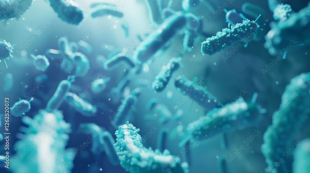 Fototapeta premium Background with microscopic image of bacteria, ideal for scientific articles, medical research and educational materials.