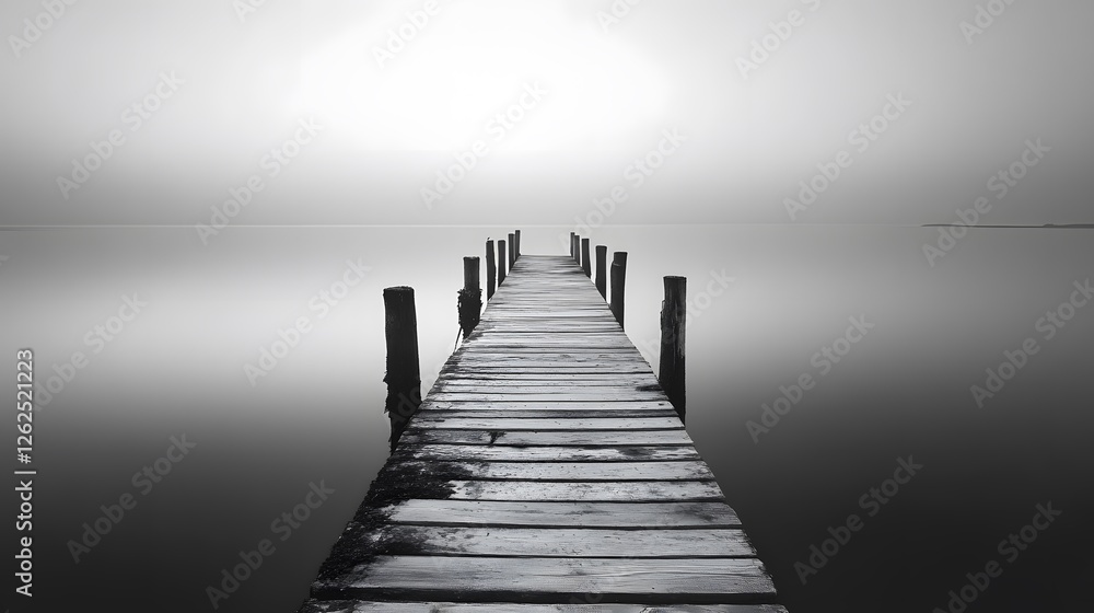 Obraz premium Wooden dock on a calm lake with minimalist monochrome gradient background