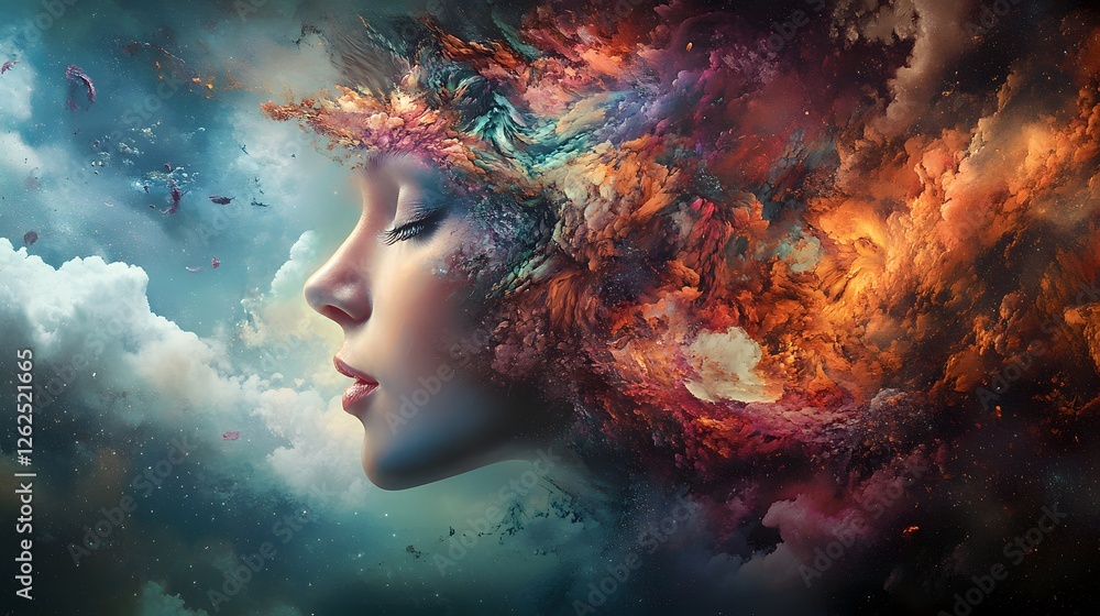 Woman with colorful hair in sky background participating in creative team brainstorming session Woman with colorful hair in sky background participating in creative team brainstorming session