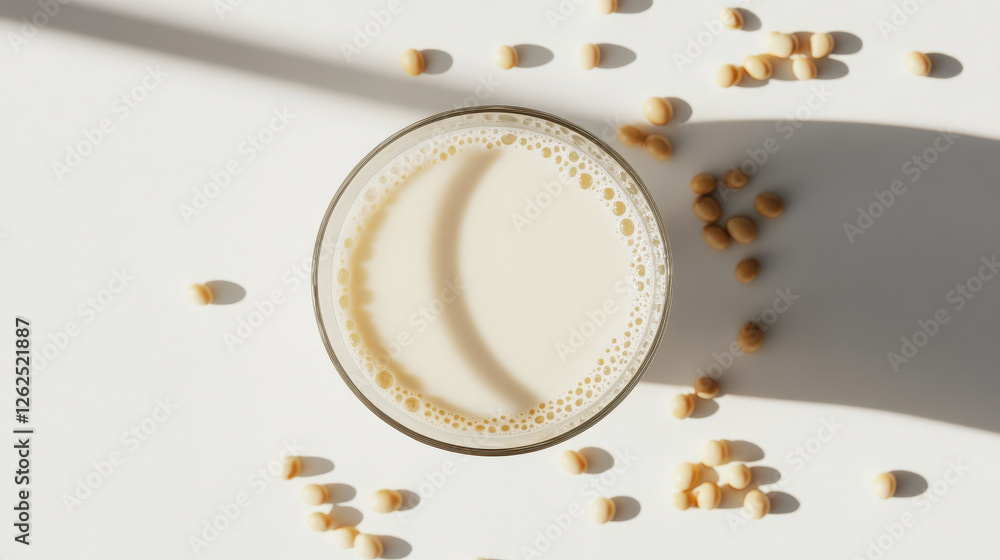 Fresh soy milk in frosted glass, surrounded by soybeans, creates calming and nutritious scene. light highlights creamy texture, inviting refreshing experience Fresh soy milk in frosted glass, surrounded by soybeans, creates calming and nutritious scene. light highlights creamy texture, inviting refreshing experience