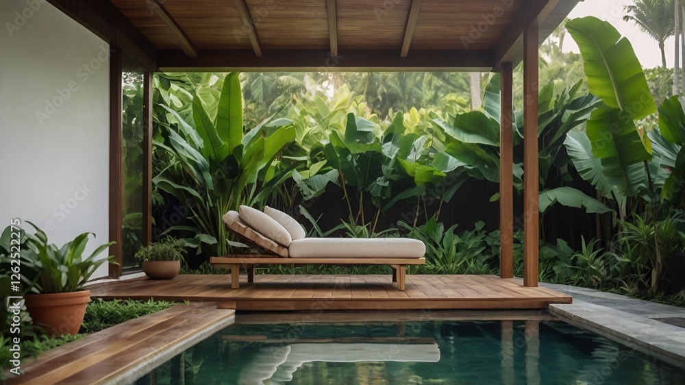 8K tropical poolside retreat, luxury outdoor space with greenery, modern pool and daybed design, tropical garden with swimming pool, lush green outdoor living, high-resolution tropical resort style, 8K tropical poolside retreat, luxury outdoor space with greenery, modern pool and daybed design, tropical garden with swimming pool, lush green outdoor living, high-resolution tropical resort style,
