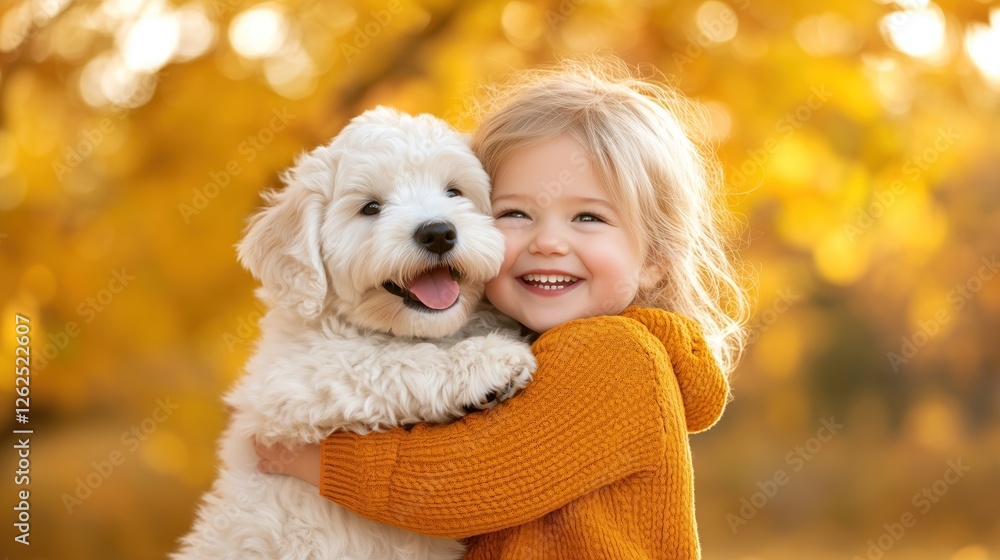 young child smiles brightly while hugging a fluffy puppy, set against a backdrop of golden autumn leaves. scene radiates warmth and happiness, capturing a special moment of connection young child smiles brightly while hugging a fluffy puppy, set against a backdrop of golden autumn leaves. scene radiates warmth and happiness, capturing a special moment of connection
