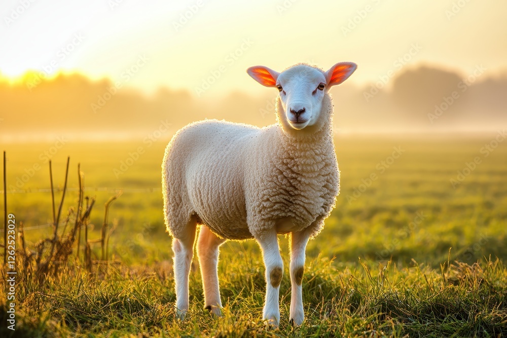 Fototapeta premium Cute Sheep Standing on Green Grass Field During Golden Hour Light