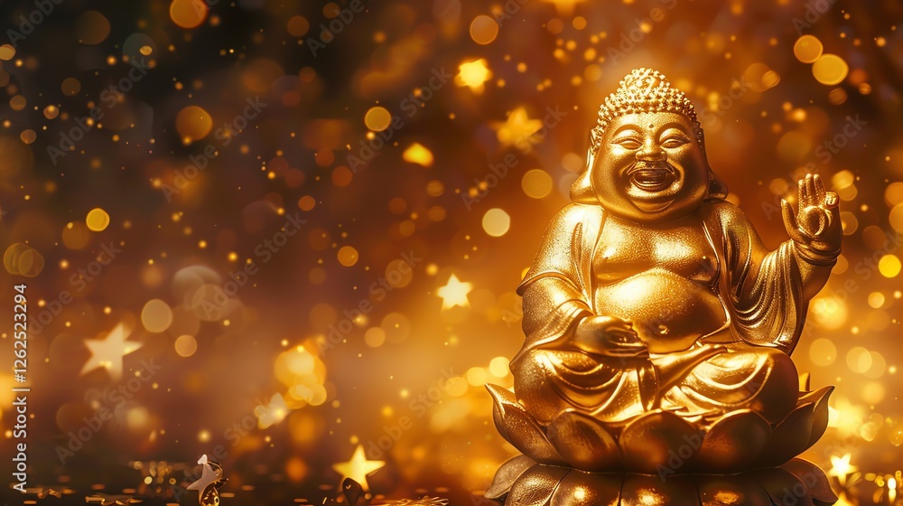 A golden statue of the Laughing Buddha sits in a lotus pose on a table with a sparkling background. A golden statue of the Laughing Buddha sits in a lotus pose on a table with a sparkling background.