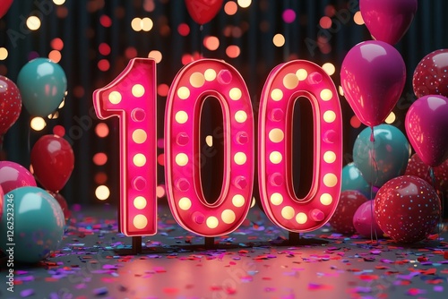 Celebration of 100 Years with Colorful Balloons and Lights