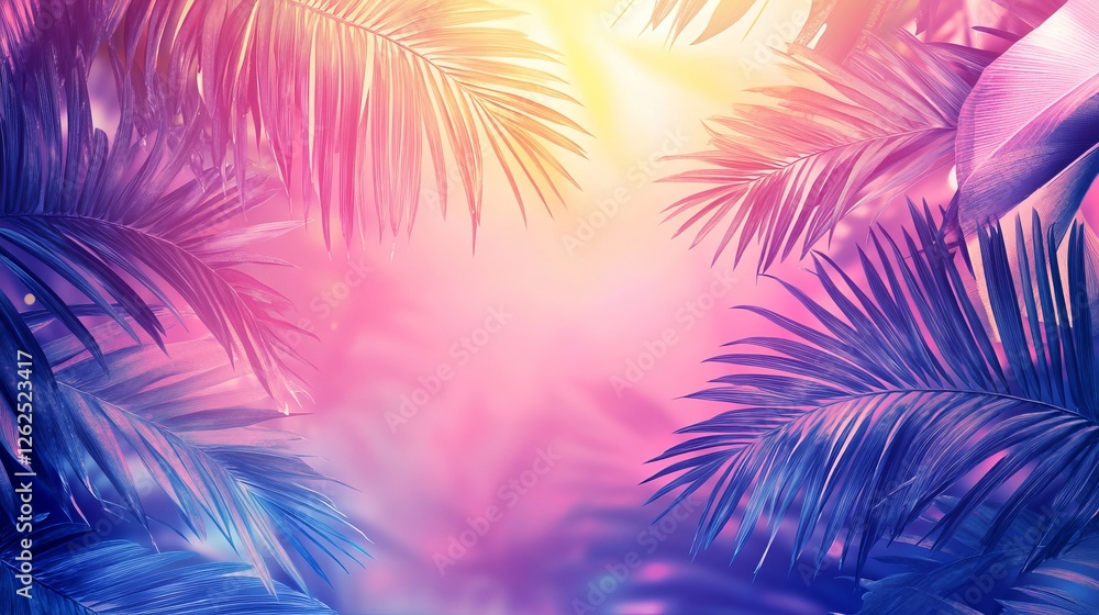 Vibrant Tropical Background Featuring Lush Palm Leaves Framed by Dreamy Pink and Blue Hues Creating a Relaxing and Inviting Atmosphere Perfect for Vacation and Paradise Imagery Vibrant Tropical Background Featuring Lush Palm Leaves Framed by Dreamy Pink and Blue Hues Creating a Relaxing and Inviting Atmosphere Perfect for Vacation and Paradise Imagery