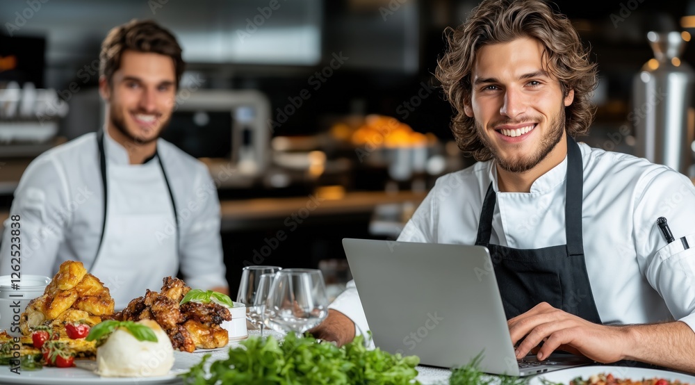 Two chefs are working in a contemporary kitchen. One chef smiles while using a laptop, and the other is arranging delicious dishes on a table filled with fresh ingredients Two chefs are working in a contemporary kitchen. One chef smiles while using a laptop, and the other is arranging delicious dishes on a table filled with fresh ingredients