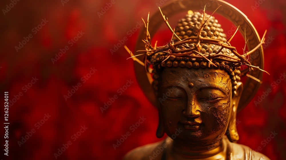A golden Buddha statue with a crown of thorns against a red background. A golden Buddha statue with a crown of thorns against a red background.