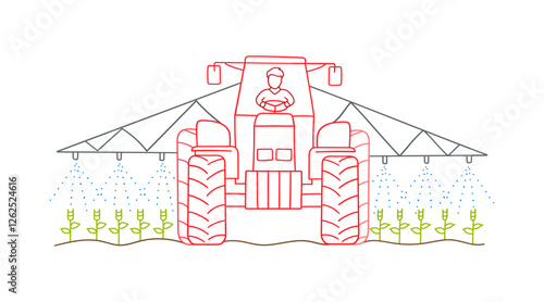 Vector illustration for automated farm irrigation system. A farmer driving a high-tech tractor with spraying nozzles to support crop growth.