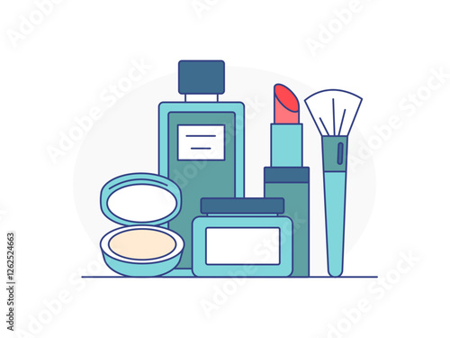 Vector illustration for beauty and makeup essentials. A hand-drawn icon set featuring skincare cream, makeup brush, perfume, lipstick, and compact powder.