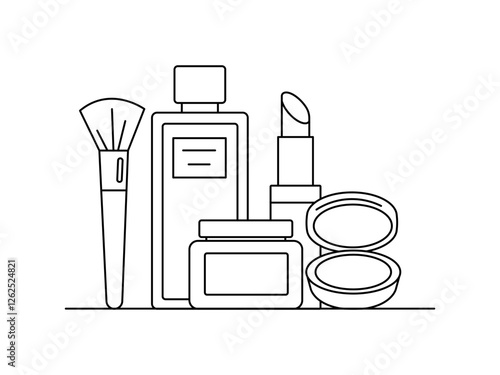 Vector illustration for fashion and beauty accessories. A hand-drawn set of makeup essentials including perfume, skincare, lipstick, and a beauty brush.