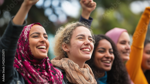 Diverse women stand together with their hands raised in victory, celebrating a shared achievement