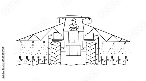 Vector illustration for precision farming and crop spraying. A large agricultural machine distributing water or pesticides over a growing crop field.