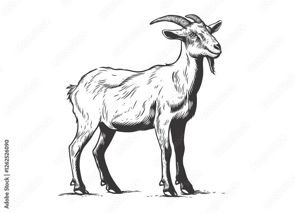 Obraz premium Goat. Vintage retro print, black white goat sketch ink pencil style drawing, engrave old school. Sketch artwork silhouette goat, white background. Side view profile. Illustration