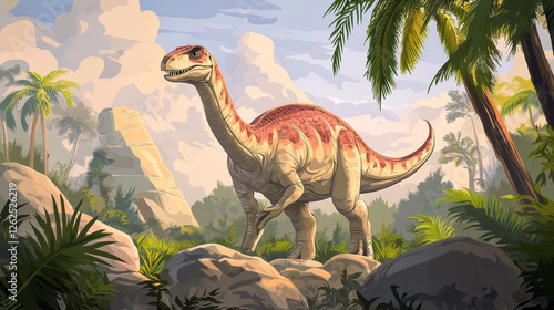 Cartoon dinosaur or prehistoric lizard from Jurassic park, vector Dravidosaurus dino character. Prehistoric funny dinosaur lizard of Dravidosaurus species in jungle forest with stones and palms photo