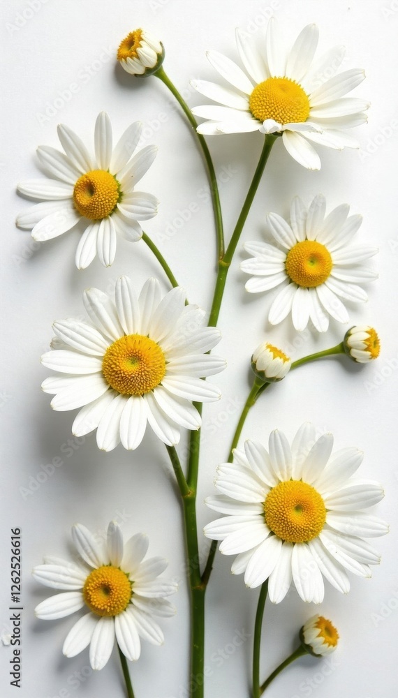 Obraz premium Delicate chamomile blossoms arranged in a vibrant collage on pure white , vibrant, chamomile, nature