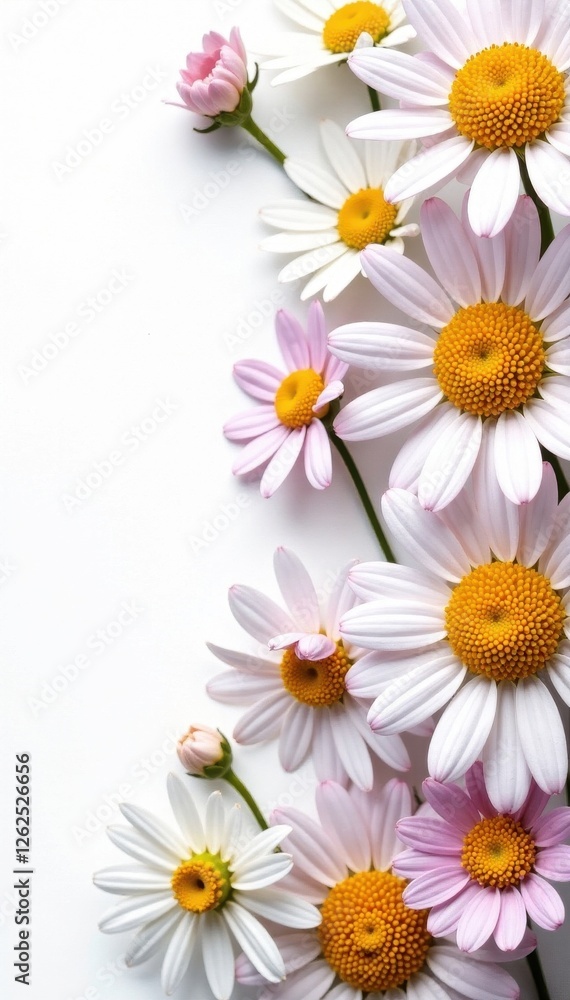 Obraz premium Delicate chamomile blossoms arranged in a vibrant collage on pure white , art, arrangement