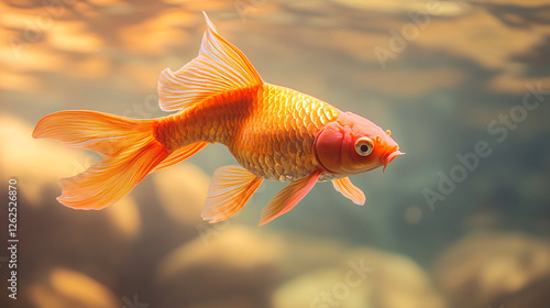 Elegant goldfish swims in a clear aquarium. Its bright orange scales glisten under the water, graceful movements define an underwater ballet. photo