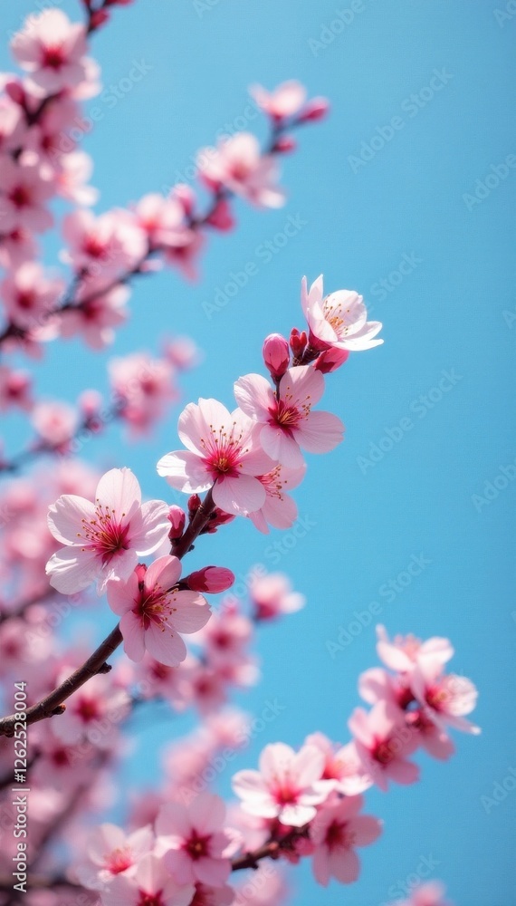 Delicate pink tree blossoms against a clear blue sky , japanese cherry, spring Delicate pink tree blossoms against a clear blue sky , japanese cherry, spring