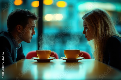 A couple sits in silence, steaming cups of coffee between them, a moment of unspoken tension. photo