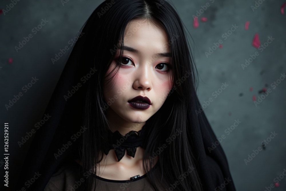 A Portrait of a Young Asian Female in a Black Veil: Dramatic Makeup and Dark Aesthetic Capture the Essence of Modern Gothic Style A Portrait of a Young Asian Female in a Black Veil: Dramatic Makeup and Dark Aesthetic Capture the Essence of Modern Gothic Style