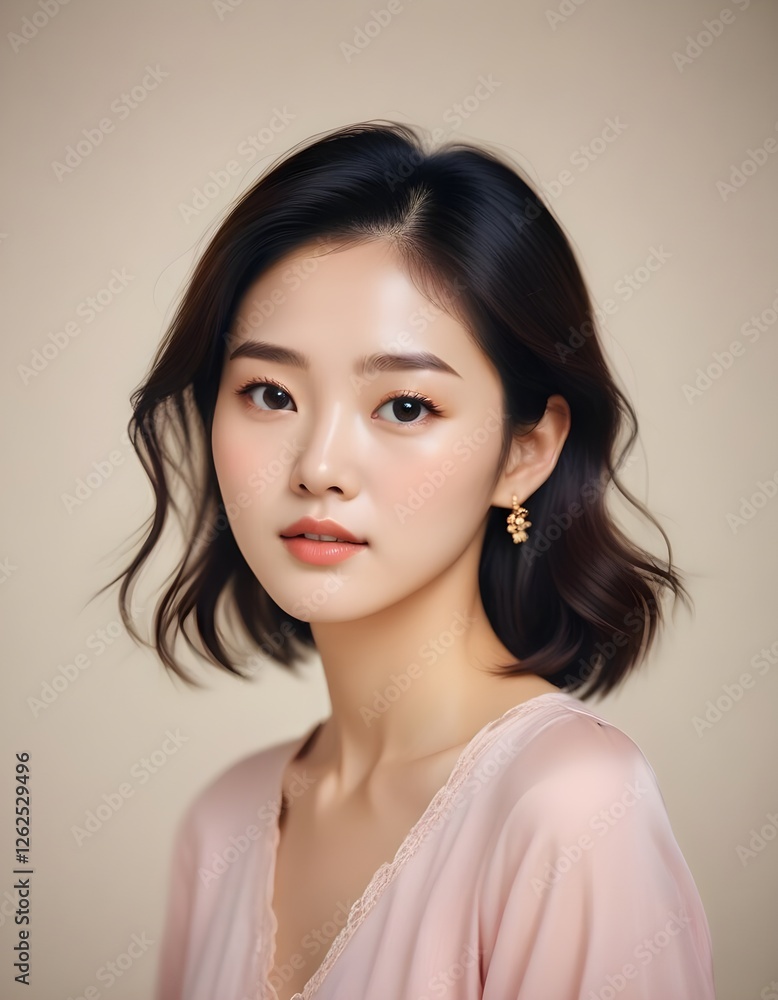 Korean girl with smooth, glowing skin and soft features in minimalistic portrait Korean girl with smooth, glowing skin and soft features in minimalistic portrait