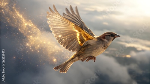 This is a digitally enhanced image of a sparrow in flight against a cloudy sky.
