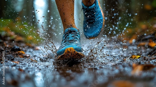 Mud Runner Trail Running Shoes Splashing Water Puddles Autumn Forest