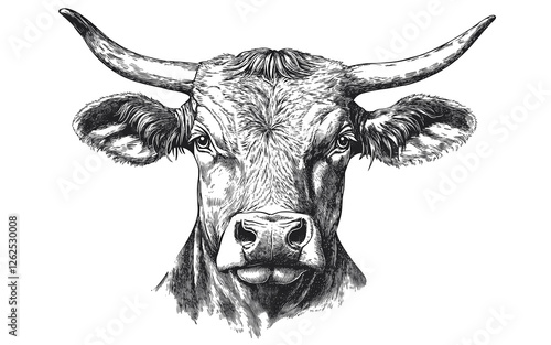 Cow, bull, farm. Vintage retro print, black white cow sketch ink pencil style drawing, engrave old school. Sketch artwork silhouette farm cow, white background. Side view profile. Illustration