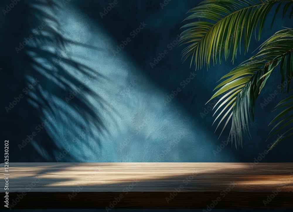 Empty wooden table with the shadow of palm tree leaves on a dark blue wall background, for product display montage. shadow of a tree branch Empty wooden table with the shadow of palm tree leaves on a dark blue wall background, for product display montage. shadow of a tree branch