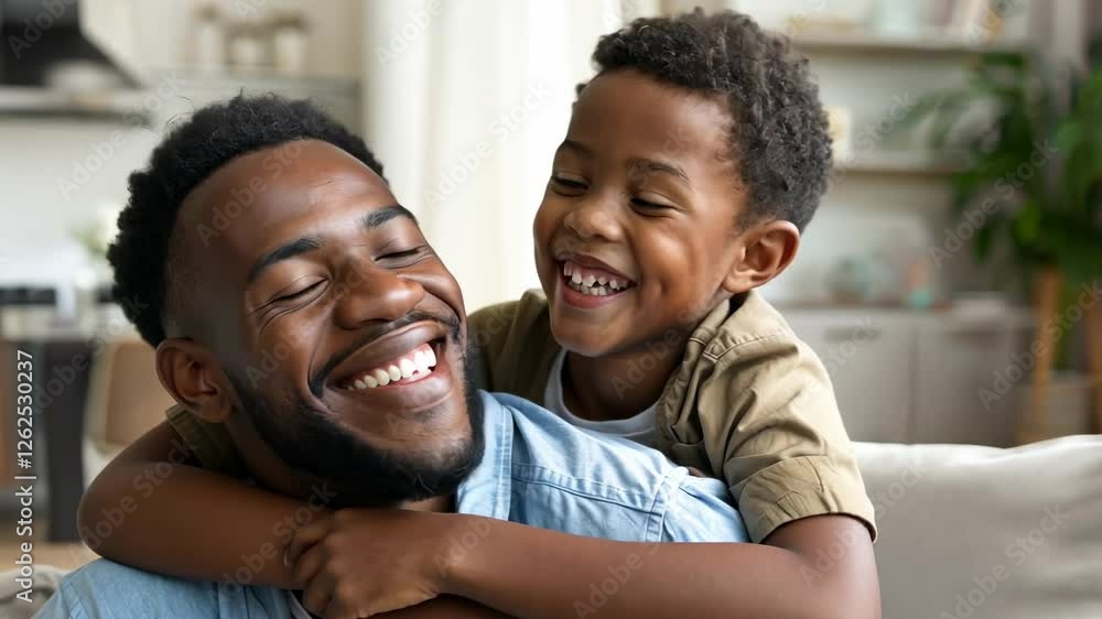 Joyful father and son bonding at home, happy smiles, embracing moments, love and connection, family togetherness Joyful father and son bonding at home, happy smiles, embracing moments, love and connection, family togetherness