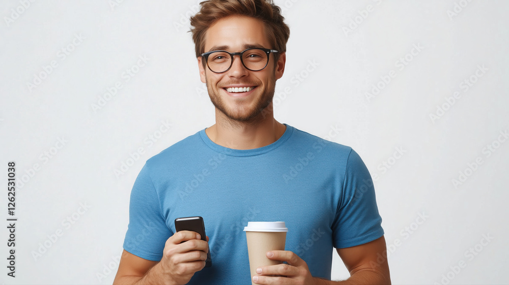 smiling man in blue shirt holds smartphone and coffee cup smiling man in blue shirt holds smartphone and coffee cup