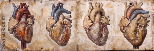 Vintage anatomical heart illustrations depicting human cardiovascular system.