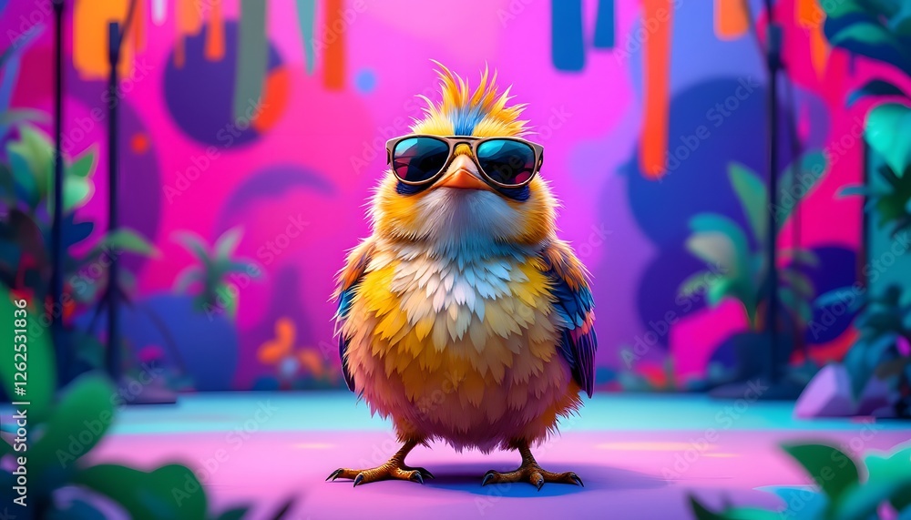 Naklejka premium Cool Bird Wearing Sunglasses in Vibrant Tropical Setting