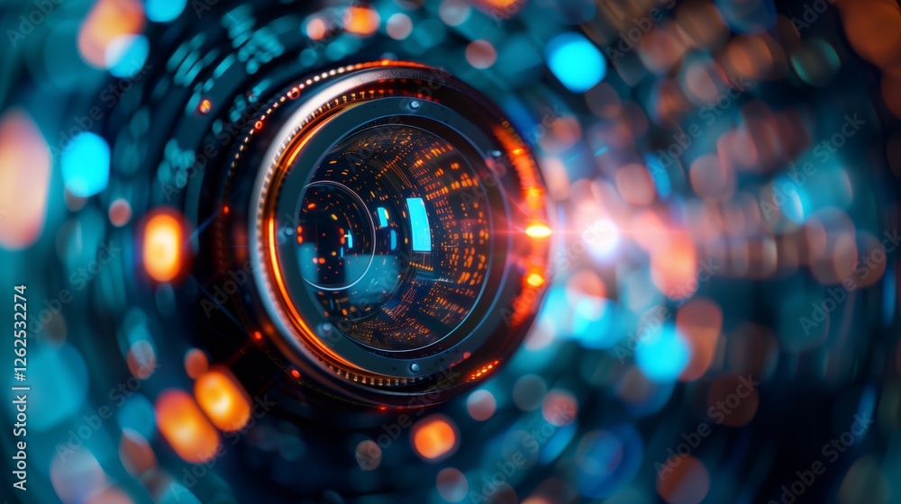 close-up camera lens AI interface data points blue orange spiral light effects close-up camera lens AI interface data points blue orange spiral light effects