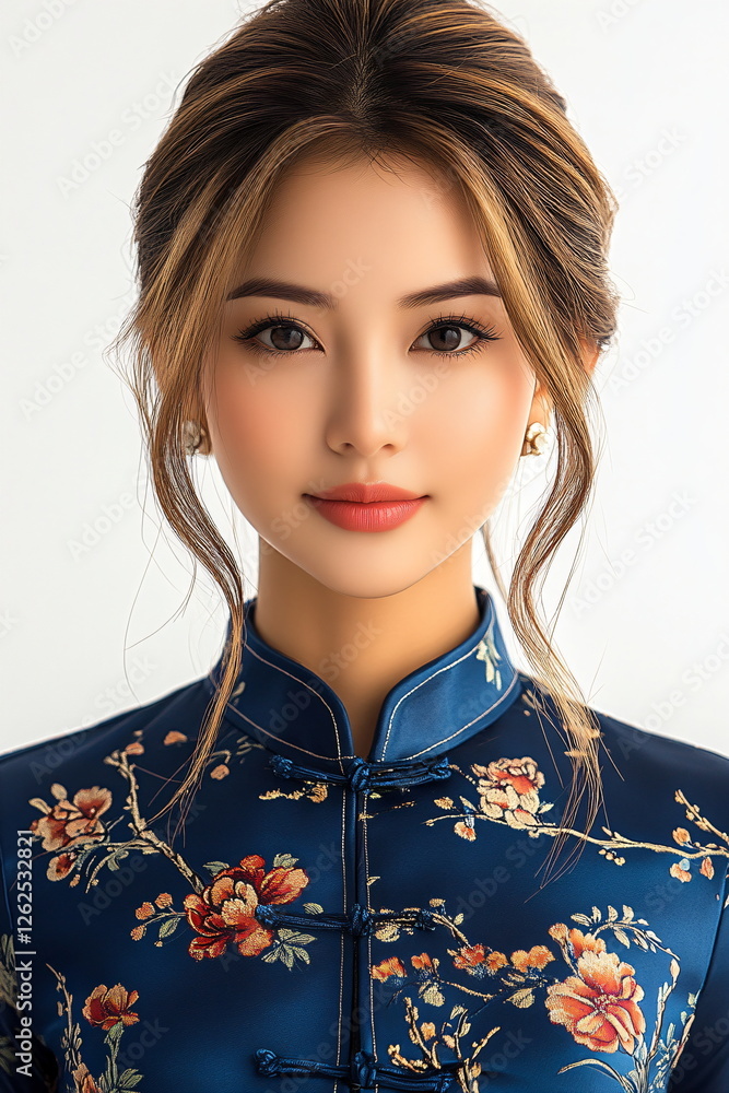 Chinese woman in a white dress with blue porcelain pattern Chinese woman in a white dress with blue porcelain pattern
