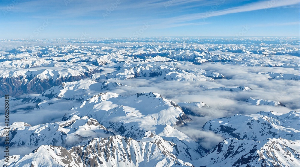 Fototapeta premium Aerial view of snowy mountains, tranquil mood, vast landscape under blue sky