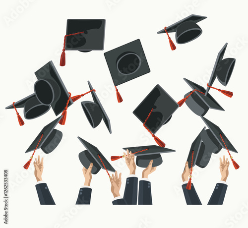 graduation university celebration illustration graduate cap Graduates throwing bachelor hats in the air. Flat design, vector illustration