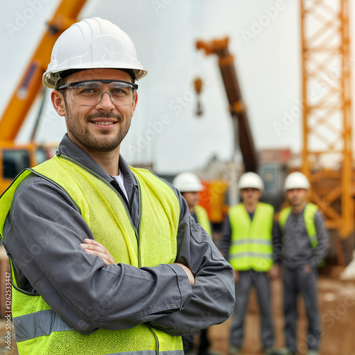 cheerful builder at construction site . Generative AI . Generative AI