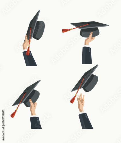 graduation university celebration illustration graduate cap Graduates throwing bachelor hats in the air. Flat design, vector illustration