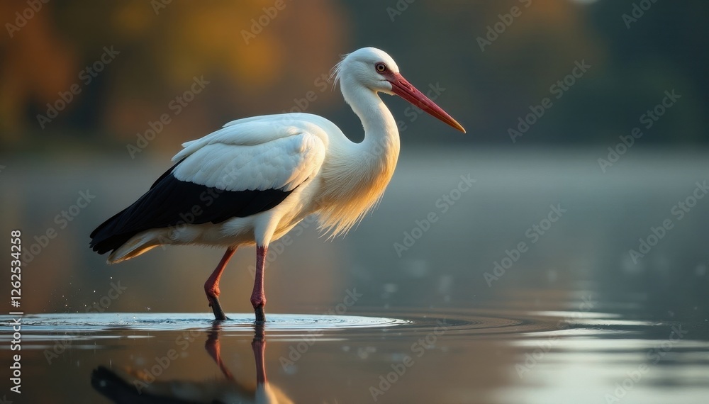 Fototapeta premium Elegant white stork at dawn, head tilted, serene water scene, pond, beak