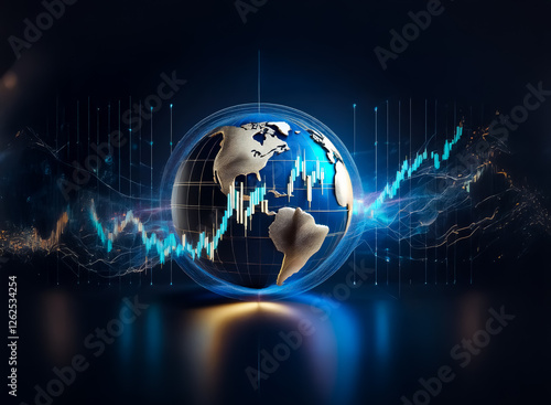 Wallpaper Mural Global finance depicted with a globe and dynamic blue charts against a dark backdrop.  Illuminated floor reflects the scene, suggesting worldwide economic trends. Torontodigital.ca