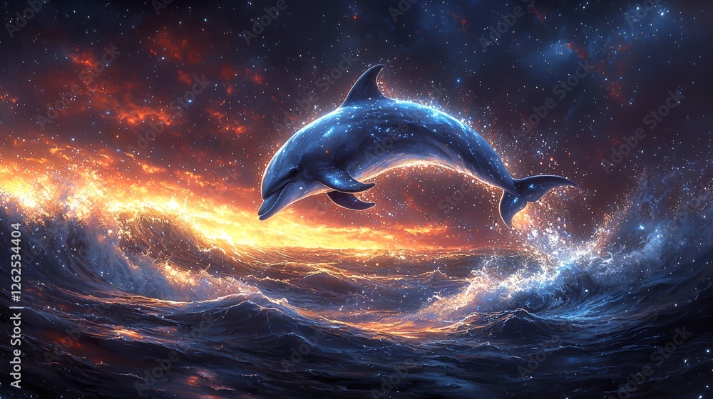 Fototapeta premium Mystical dolphin leaping, starry ocean sunset