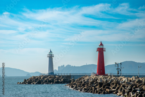 White and red lighthouse at Cheongsapo in Busan.