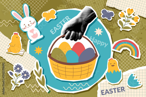 Easter collage banner with human hand photo and Easter objects - basket, bunny, chicken, eggs in pop art style. Easter trendy background.
