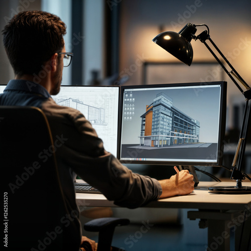 engineer architect designs a building in front of a computer monitor . Generative AI