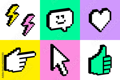 3D emoji pixel icons. Bright, bold and groovy geometric pattern. Y2k cool tech emoticon stickers. Smile, cursor, heart shape, arrow, hand. Game abstract retro style vector illustration. Neon pixel art