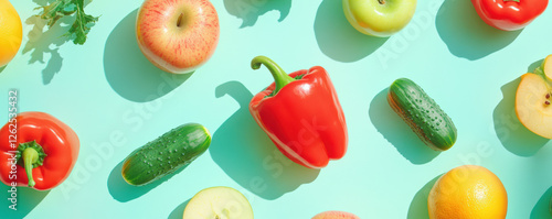 Wallpaper Mural Fresh organic fruits and vegetables arranged on vibrant background, showcasing variety of colors and textures. This colorful display evokes sense of health and vitality Torontodigital.ca