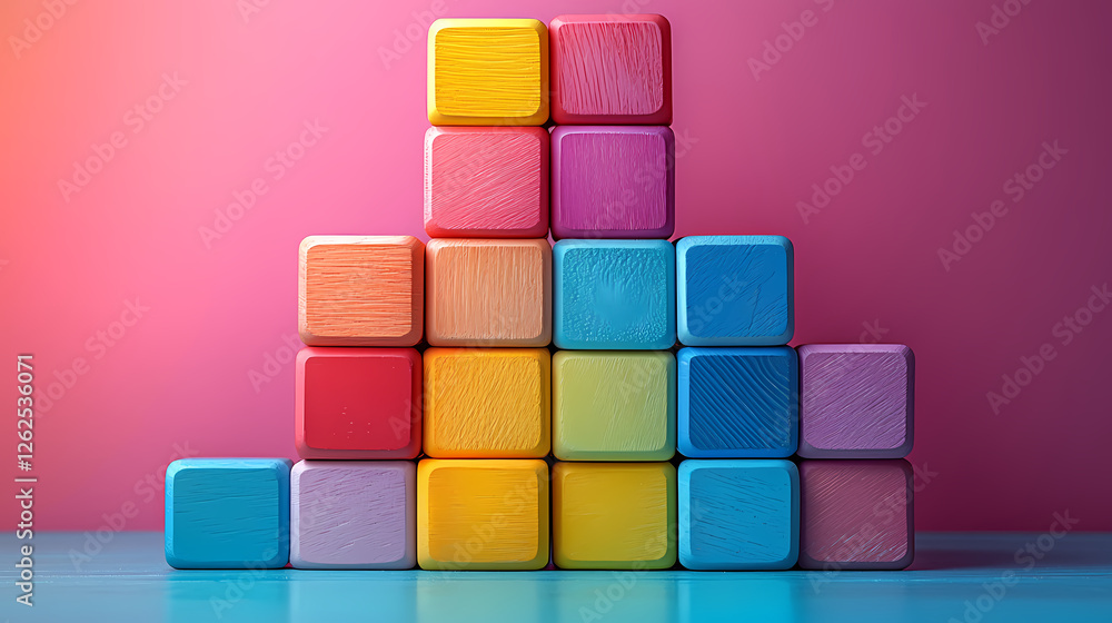 Fototapeta premium Colorful Building Blocks Pyramid on a Table Against a Gradient Wall