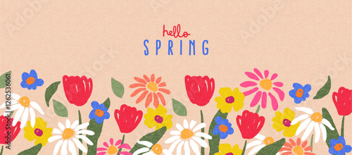 Cute Hello Spring card or horizontal poster for spring holidays with wildflowers, daisies, and tulips pattern. Hand drawn Floral art template for Easter, birthday or Mothers Day decor and greetings